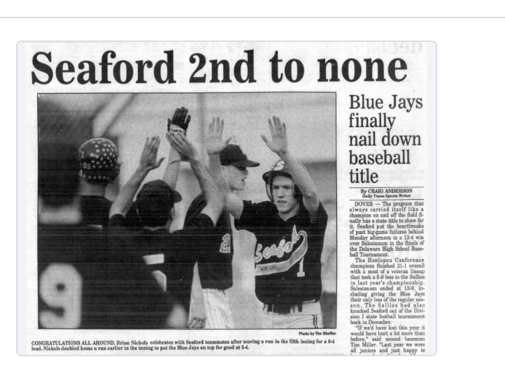 Newspaper clipping announcing that the Seaford Blue Jays won the baseball title.